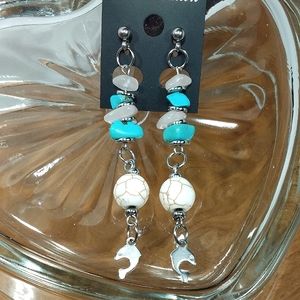 One of a kind Rose Quartz and Tourqoise Dolphin earrings